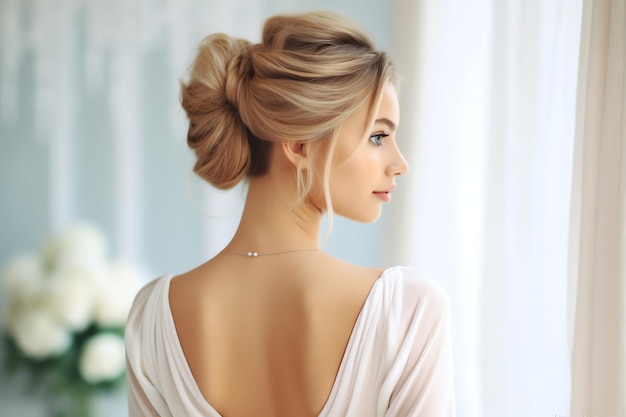 Uma linda noiva com penteados com coque para cabelos longos, vista de trás Um penteado feminino vista traseira