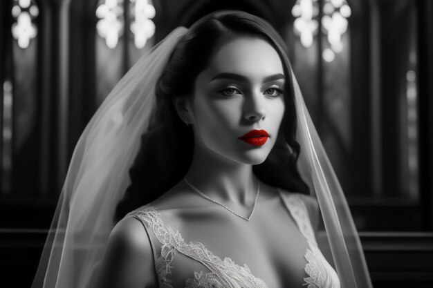 Uma linda noiva de igreja clássica apenas com uma boca vermelha_bw_Generative AI_10