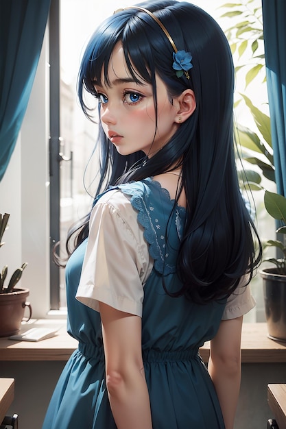uma linda personagem com cabelo preto e olhos azuis brilhantes usando um laço no cabelo