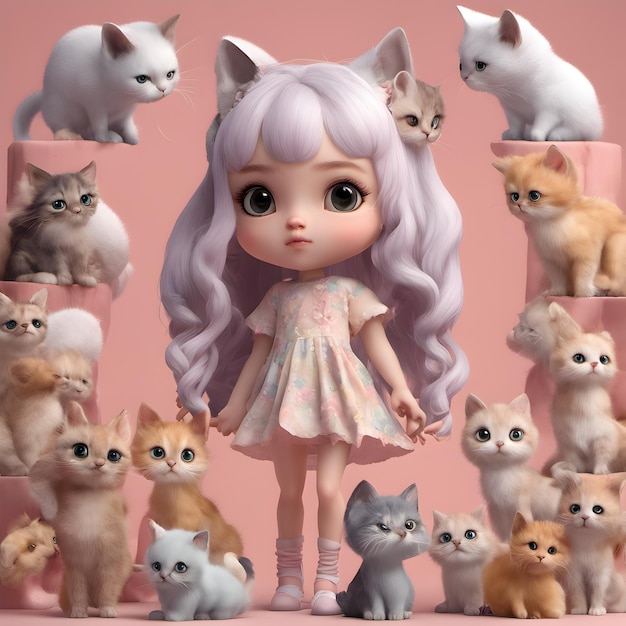 uma linda personagem feminina de estilo chibi com muitos gatinhos ao seu redor