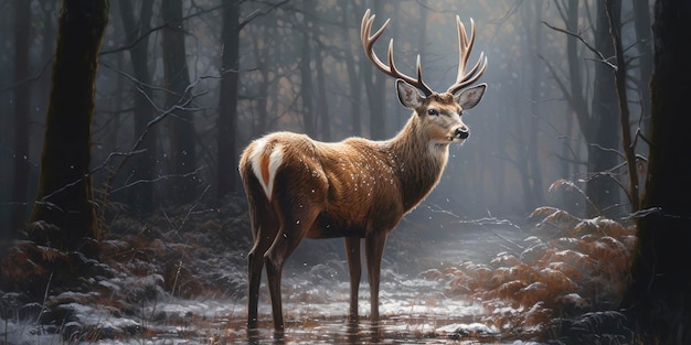 Uma linda pintura de um cervo na floresta com neve leve caindo Gerar Ai