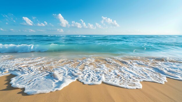 Uma linda praia incrível com areia branca e água turquesa do oceano com nuvens fofas no céu azul