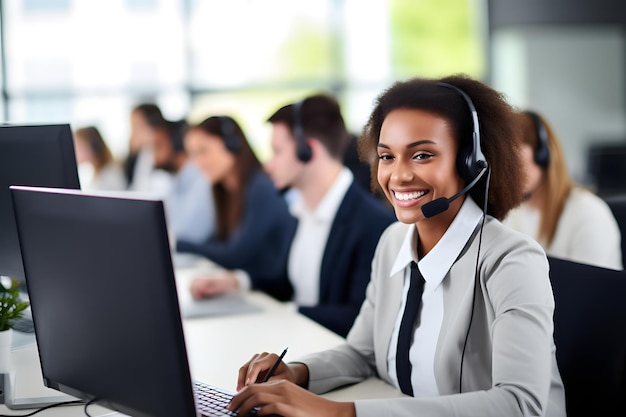 Uma linda rapariga afro-americana é uma operadora num call center. A operadora é uma agente feminina.