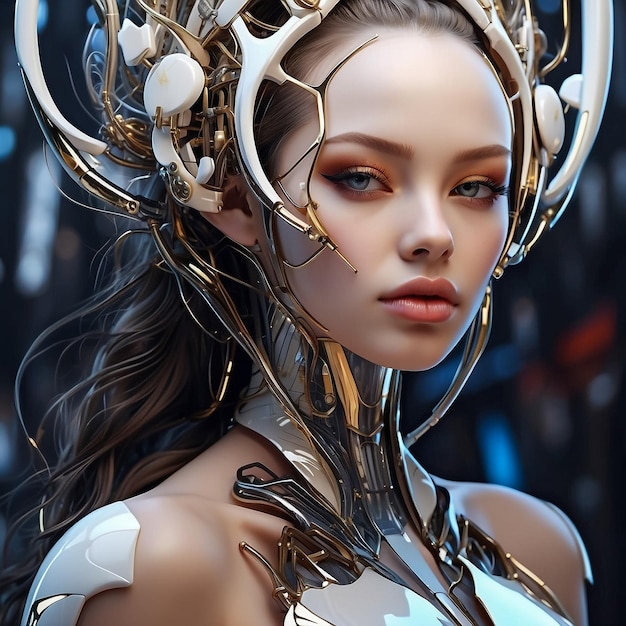 Uma linda rapariga cyborg com armadura branca.