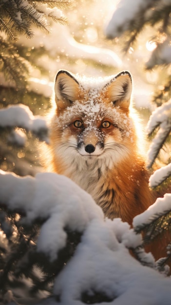 Uma linda raposa no inverno coberto de neve Uma bela floresta de coníferas numa manhã ensolarada