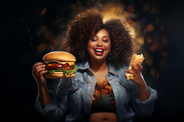 uma linda senhora africana com um hambúrguer gostoso