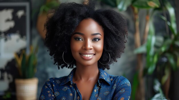 Uma linda senhora afro de forma redonda com um sorriso em um escritório vestida de azul Generative Ai