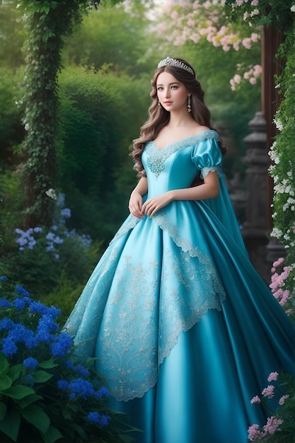 Uma linda senhora está usando um vestido luxuoso ciano e parada em um jardim
