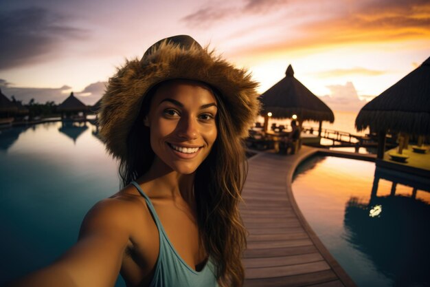 Uma linda senhora tirando uma selfie em um resort de luxo na praia com um belo pôr-do-sol conceito de férias tropicais de verão gerado pela IA