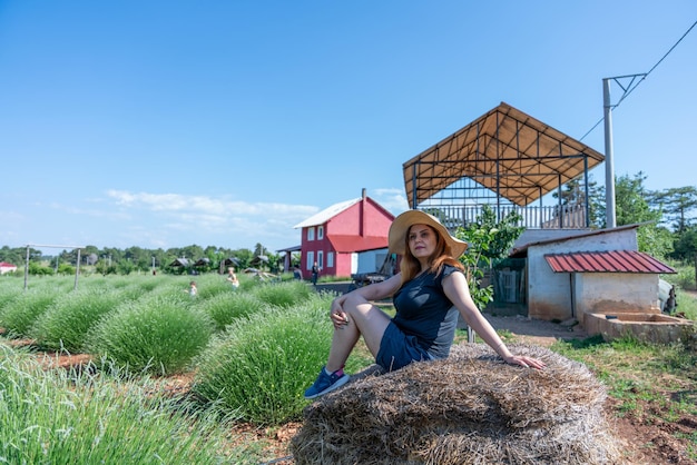 Uma linda senhora trabalhando no telefone nas cabanas de pérgola no campo de lavanda