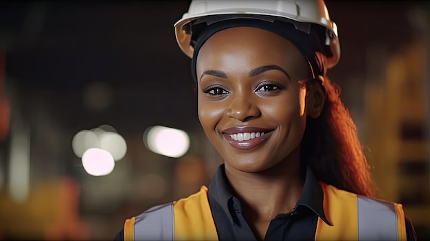 Uma linda sorrindo para a câmera negra engenheira em colete de segurança e capacete profissional negra mulher trabalhando na moderna fábrica de manufatura generativa ai