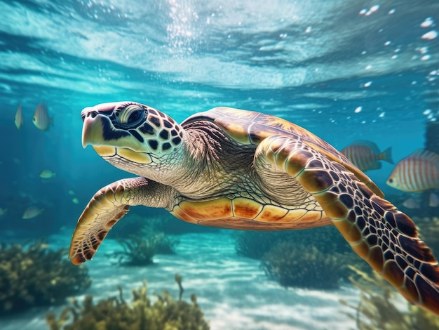 Uma linda tartaruga marinha a nadar debaixo d'água.