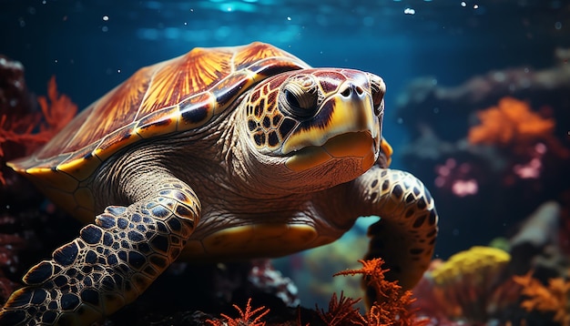 Uma linda tartaruga marinha nadando no recife azul gerado pela inteligência artificial
