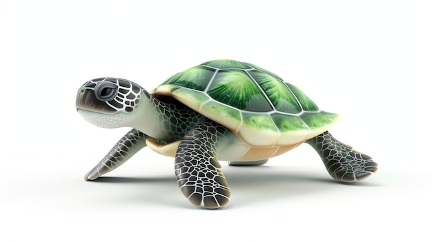 Uma linda tartaruga verde com uma concha brilhante está rastejando na areia branca