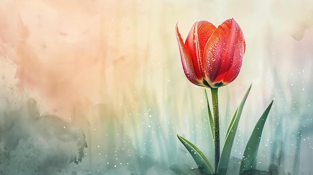 Foto uma linda tulipa vermelha em plena floração contra um fundo pintorescamente suave