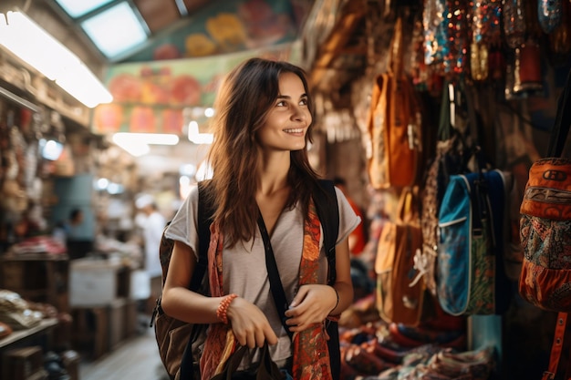 uma linda turista explorando um mercado movimentado gerado por IA