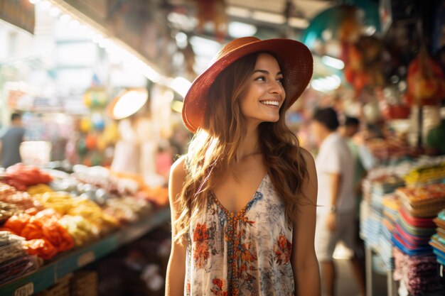 Foto uma linda turista explorando um mercado movimentado gerado por ia