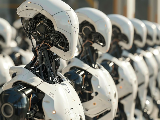 Foto uma linha assembleada de robôs humanóides produzindo mais robôs humanoides em renderização 3d realista