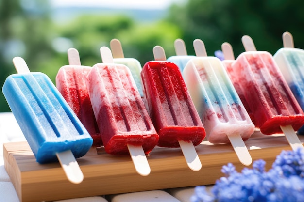 Foto uma linha colorida de guloseimas congeladas descansando em uma superfície de madeira sólida gelados vermelhos, brancos e azuis em uma mesa ao ar livre ai gerado ai gerado