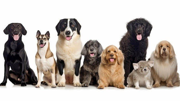 Uma linha de cães de vários tamanhos e tipos olhando para a câmera alguns adoráveis ofegando outros satisfeitos Generative AI