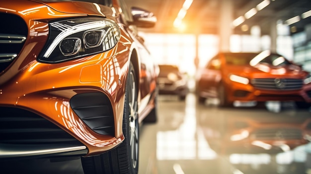 Uma linha de carros de luxo coloridos em uma sala de exposição exibindo um carro amarelo proeminente na frente com foco no farol e na grade