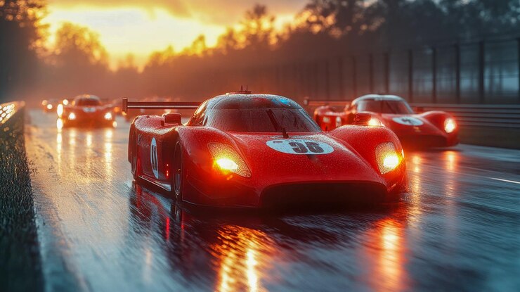 Foto uma linha de carros esportivos em uma dramática cena de corrida ao pôr-do-sol com pistas molhadas refletindo luzes vibrantes