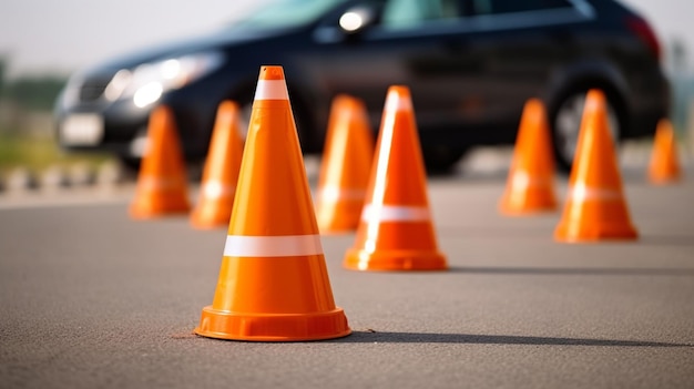 Uma linha de cones laranja está no chão ao lado de um carro.