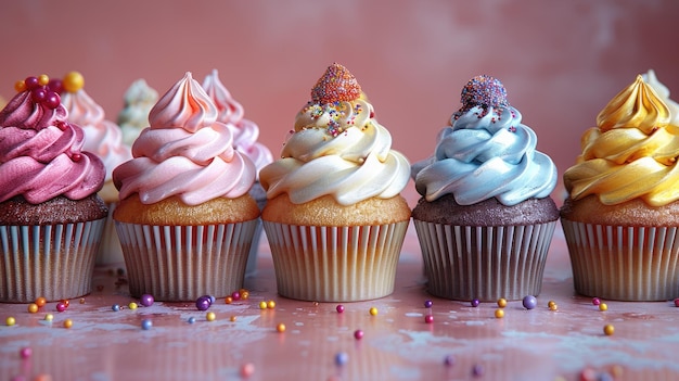 Uma linha de cupcakes gourmet com desenhos intrincados de cobertura