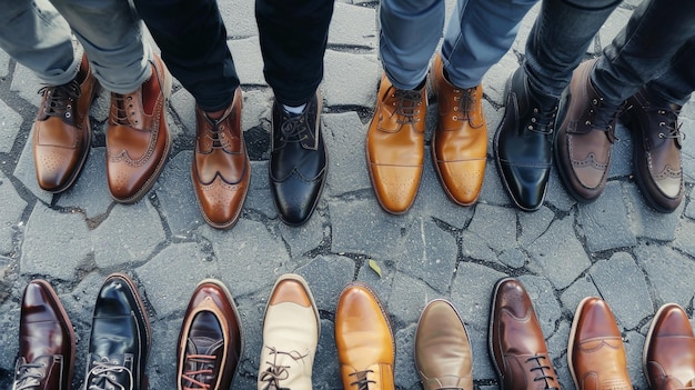 Foto uma linha de elegantes sapatos de negócios masculinos dispostos cuidadosamente em uma fila mostrando uma variedade de desenhos e cores