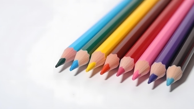 Uma linha de lápis de cor está alinhada sobre uma superfície branca.