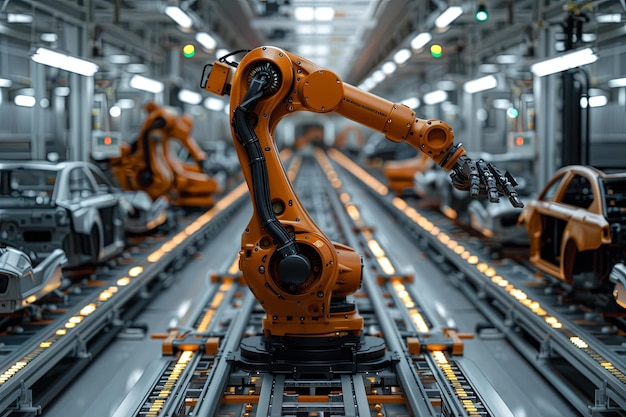 Uma linha de produção de uma fábrica de automóveis com braços robóticos uma atmosfera de alta tecnologia e futurista uma lente de grande angular