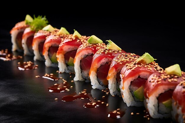 uma linha de rolos de sushi com um pequeno pedaço de sushi na parte superior
