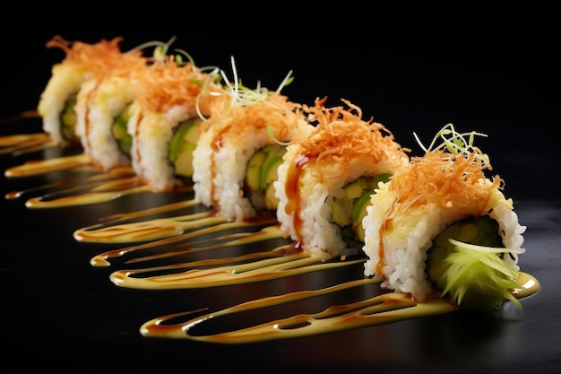 uma linha de rolos de sushi com uma linha de pepino à esquerda