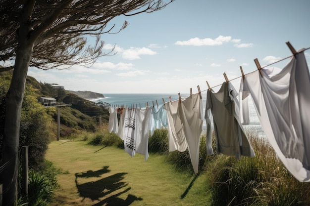 Uma linha de roupa esvoaçando ao vento com vista para o mar ou parque criado com inteligência artificial generativa