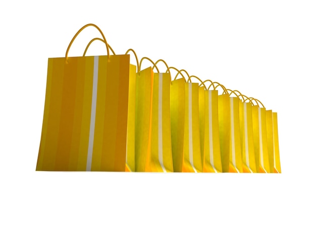 Uma linha de sacolas de compras listradas amarelas em um fundo branco