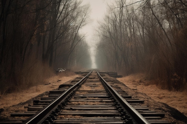 Foto uma linha ferroviária com um fundo nebuloso e um céu nebuloso.