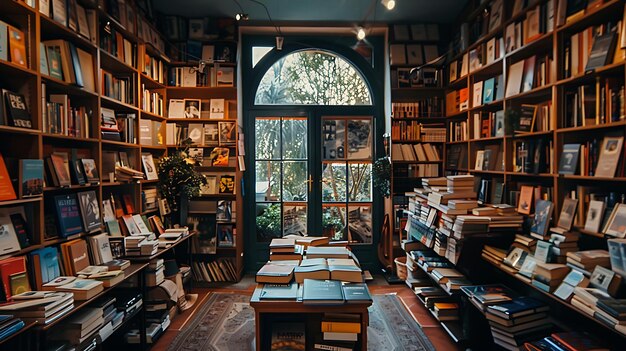 Foto uma livraria aconchegante com uma grande janela olhando para uma rua arborizada