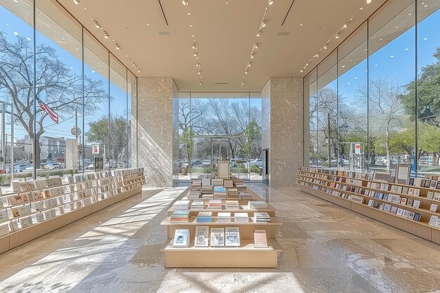 Uma livraria moderna com uma atmosfera acolhedora e uma fotografia profissional aconchegante