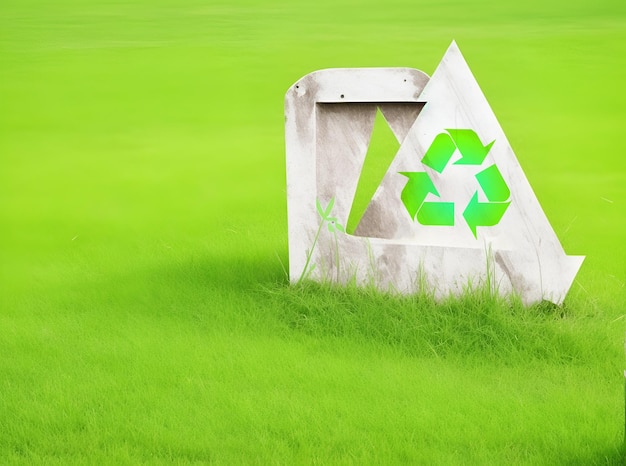 uma lixeira de reciclagem com um sinal de reciclar na grama