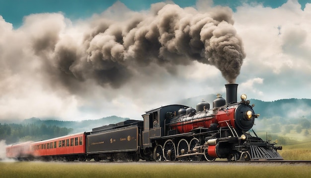 Uma locomotiva a vapor antiga com fumaça ondulante e um cenário rural vibrante