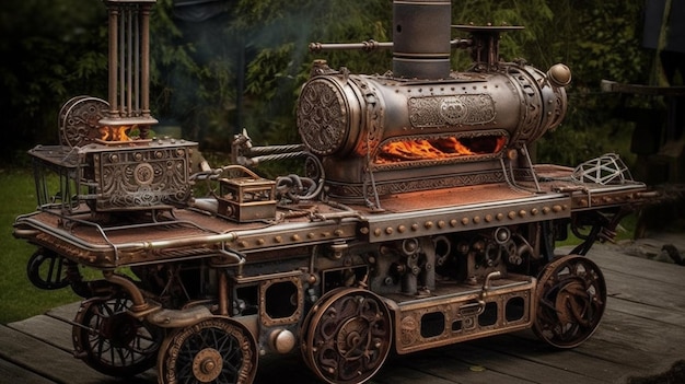 Uma locomotiva a vapor com fogo na frente.