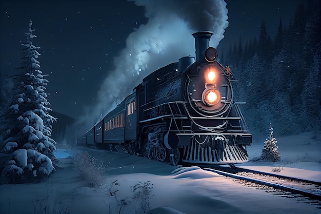 Uma locomotiva a vapor na floresta de neve no nightgenerative ai
