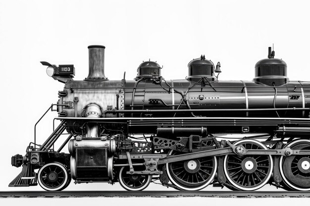 Foto uma locomotiva a vapor vintage capturada em isolamento contra um fundo branco prístino.