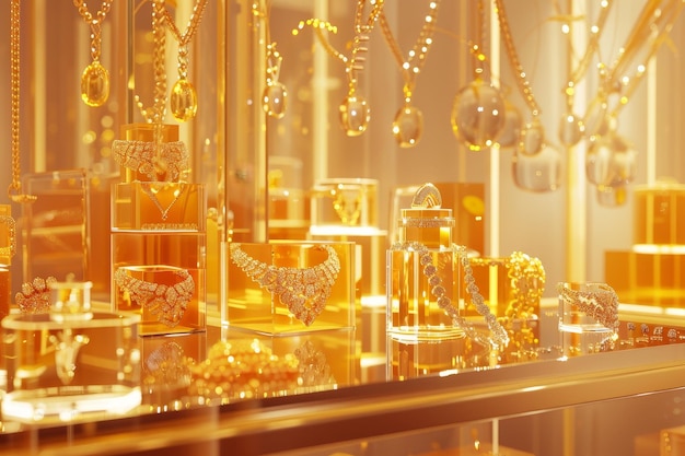Uma loja com muitas jóias de ouro e prata em exposição