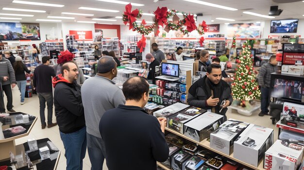 Uma loja de eletrônicos movimentada com clientes olhando para ofertas da Sexta-feira Negra