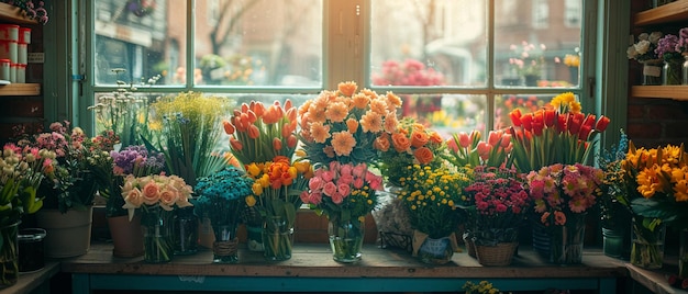 Foto uma loja de flores alegre cheia de arranjos coloridos à venda
