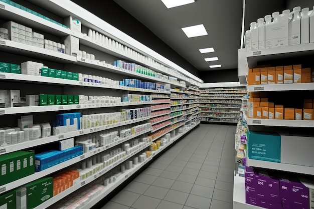 Uma loja de varejo com uma ampla seleção de medicamentos de venda livre criados com IA generativa