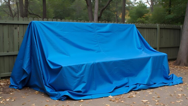 Foto uma lona azul está no chão ao lado de uma lona azuis