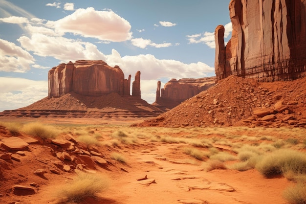 Uma longa e desolada estrada de terra serpenteia pela natureza árida e árida do deserto Parque tribal Navajo Monument Valley no Arizona AI Generated