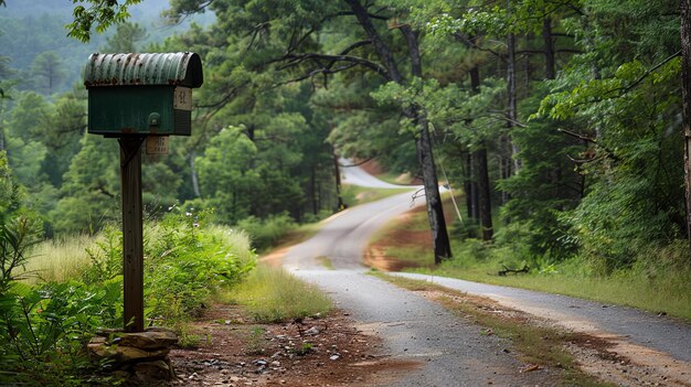 Uma longa e sinuosa estrada curva através de uma densa floresta Uma caixa de correio solitária senta-se à beira da estrada